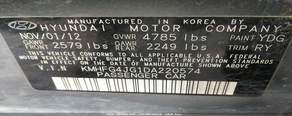 KMHFG4JG1DA220574 2013 HYUNDAI AZERA photo no. 9