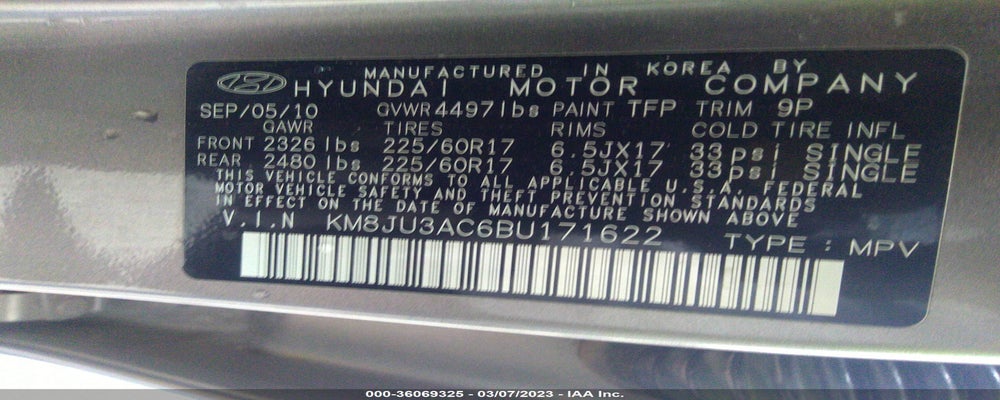 KM8JU3AC6BU171622 2011 HYUNDAI TUCSON photo no. 9