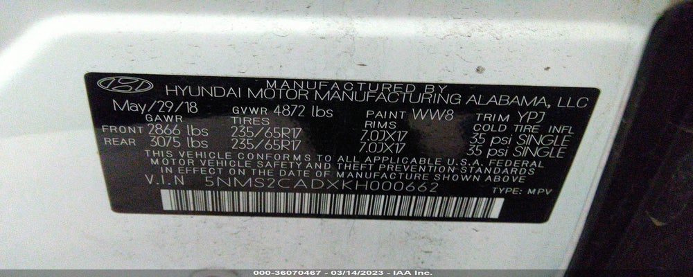 5NMS2CADXKH000662 2019 HYUNDAI SANTA FE photo no. 9