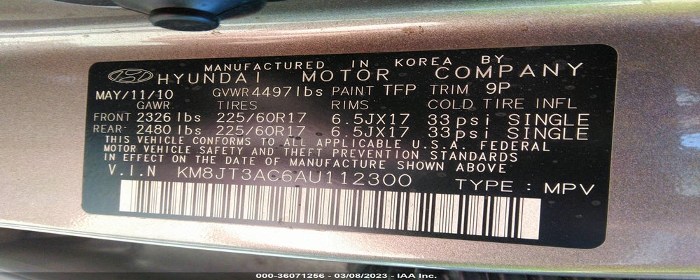 KM8JT3AC6AU112300 2010 HYUNDAI TUCSON photo no. 9