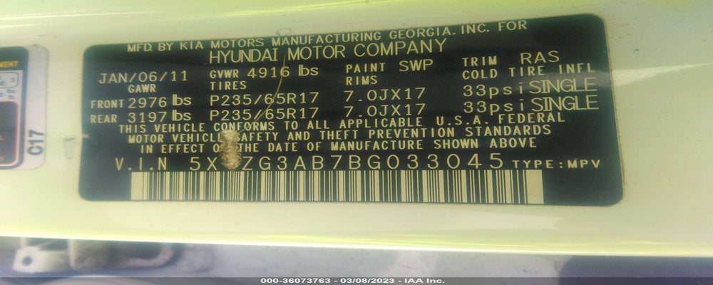 5XYZG3AB7BG033045 2011 HYUNDAI SANTA FE photo no. 9