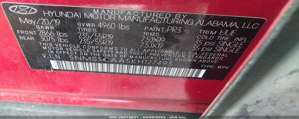 5NMS5CAA5KH127493 2019 HYUNDAI SANTA FE photo no. 9