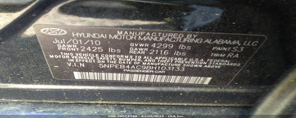 5NPEB4AC9BH103133 2011 HYUNDAI SONATA photo no. 9