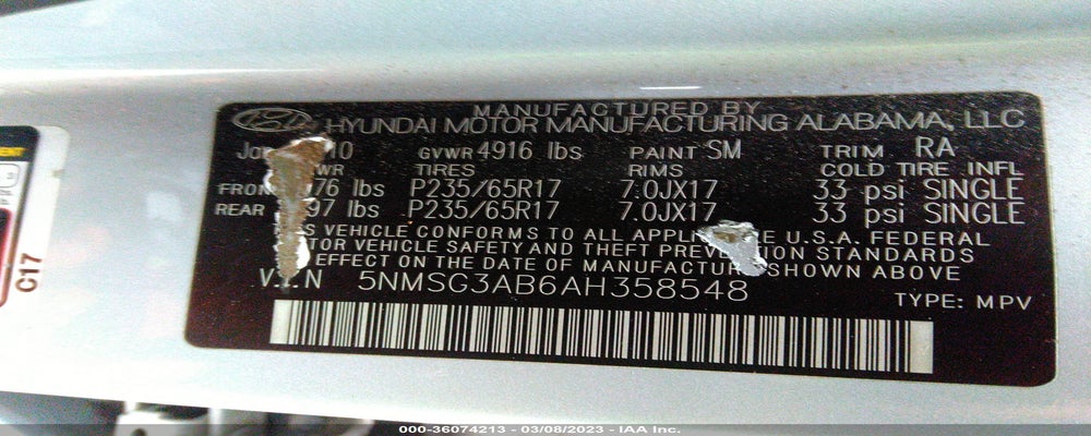 5NMSG3AB6AH358548 2010 HYUNDAI SANTA FE photo no. 9