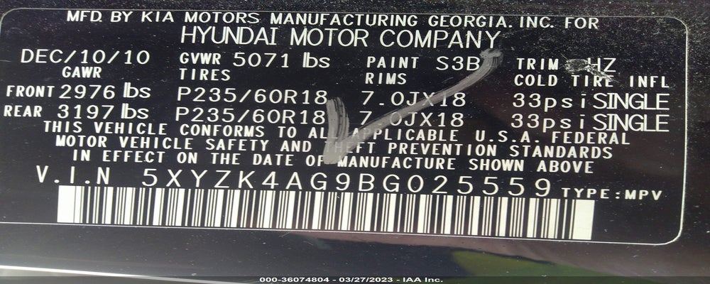 5XYZK4AG9BG025559 2011 HYUNDAI SANTA FE photo no. 9