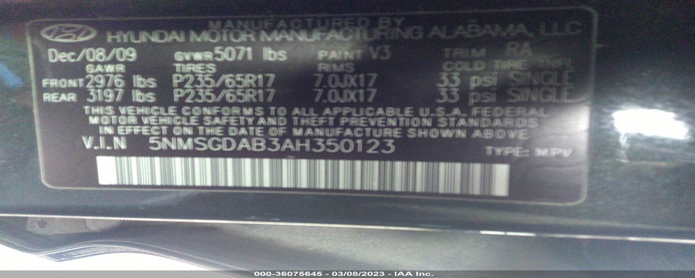 5NMSGDAB3AH350123 2010 HYUNDAI SANTA FE photo no. 9