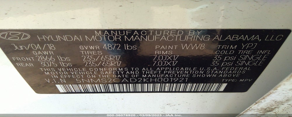 5NMS2CAD2KH001921 2019 HYUNDAI SANTA FE photo no. 9