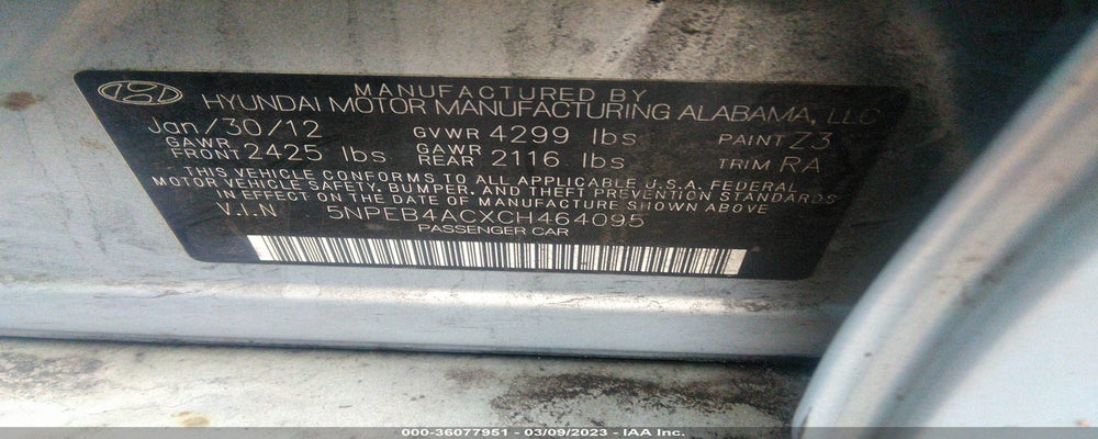 5NPEB4ACXCH464095 2012 HYUNDAI SONATA photo no. 9
