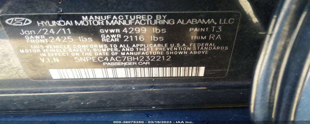 5NPEC4AC7BH232212 2011 HYUNDAI SONATA photo no. 9