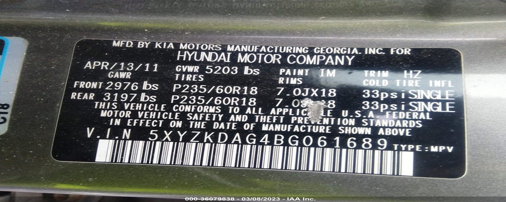 5XYZKDAG4BG061689 2011 HYUNDAI SANTA FE photo no. 9