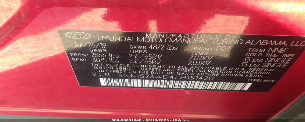 5NMS23AD4LH151420 2020 HYUNDAI SANTA FE photo no. 9