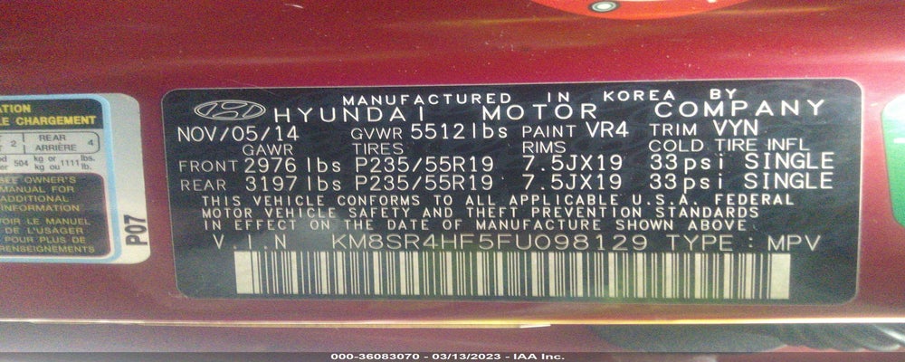 KM8SR4HF5FU098129 2015 HYUNDAI SANTA FE photo no. 9