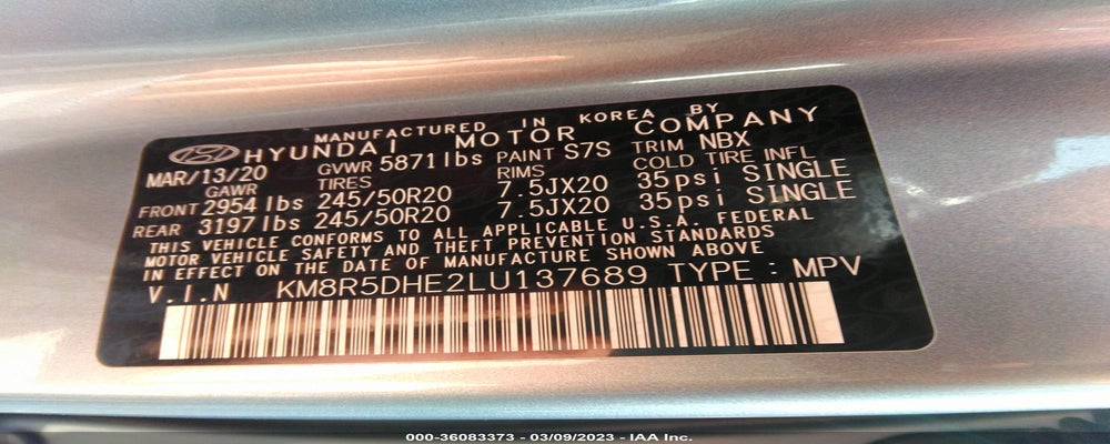 KM8R5DHE2LU137689 2020 HYUNDAI PALISADE photo no. 9