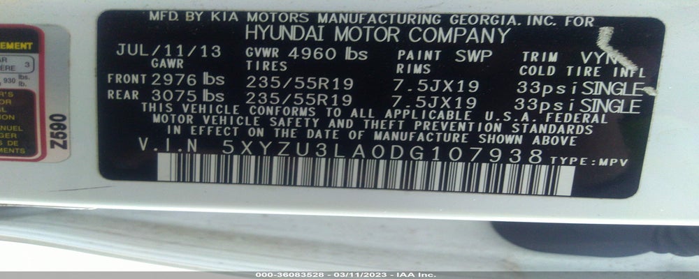 5XYZU3LA0DG107938 2013 HYUNDAI SANTA FE photo no. 9
