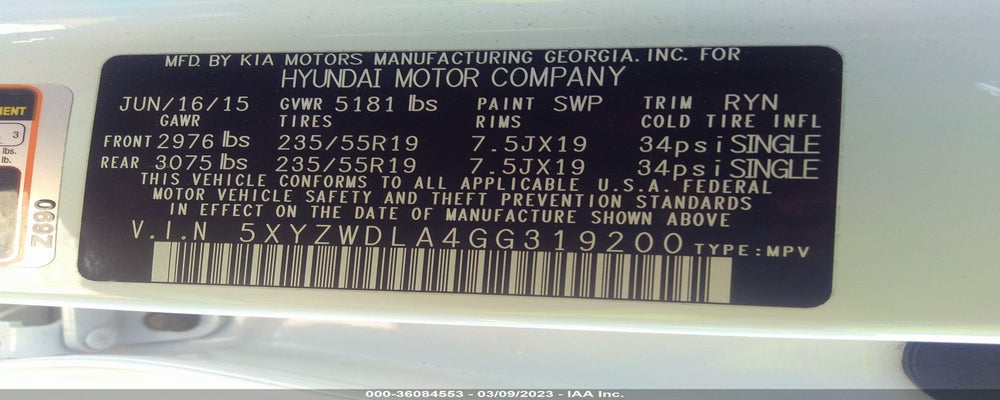 5XYZWDLA4GG319200 2016 HYUNDAI SANTA FE SPORT photo no. 9