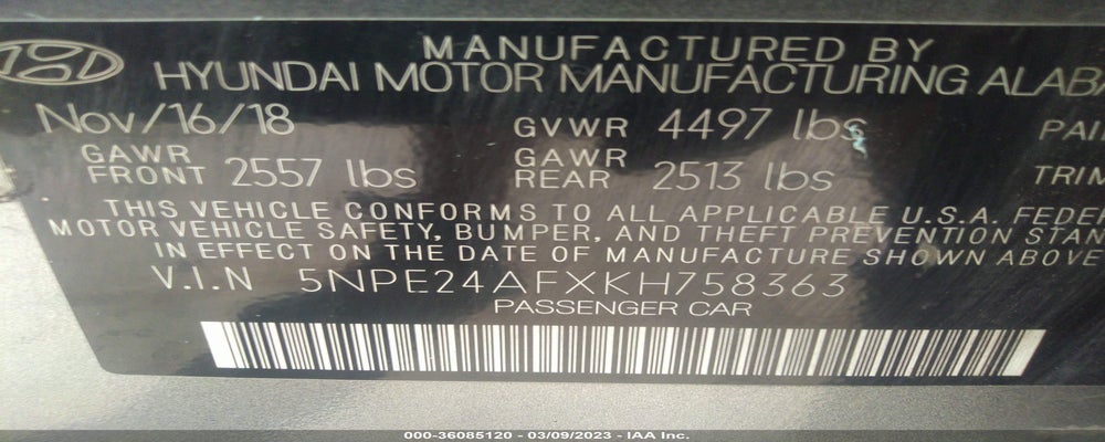 5NPE24AFXKH758363 2019 HYUNDAI SONATA photo no. 9