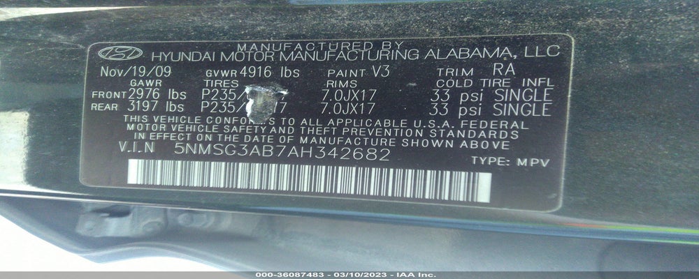 5NMSG3AB7AH342682 2010 HYUNDAI SANTA FE photo no. 9