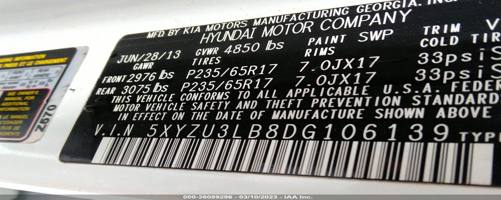 5XYZU3LB8DG106139 2013 HYUNDAI SANTA FE photo no. 9