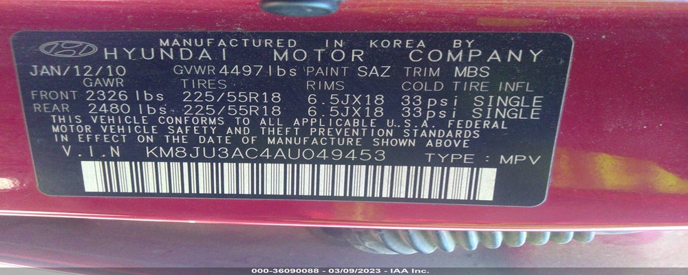 KM8JU3AC4AU049453 2010 HYUNDAI TUCSON photo no. 9