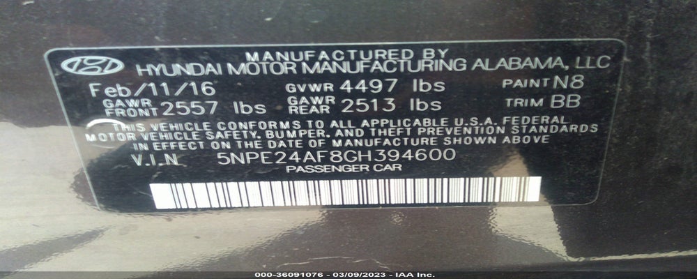 5NPE24AF8GH394600 2016 HYUNDAI SONATA photo no. 9