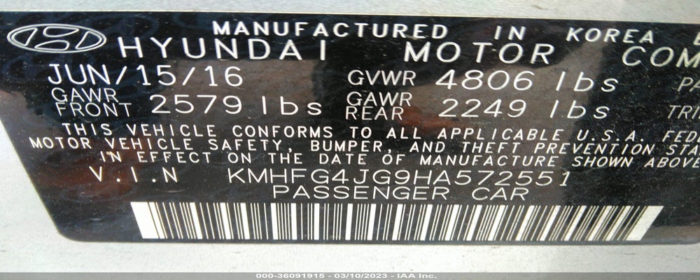 KMHFG4JG9HA572551 2017 HYUNDAI AZERA photo no. 9