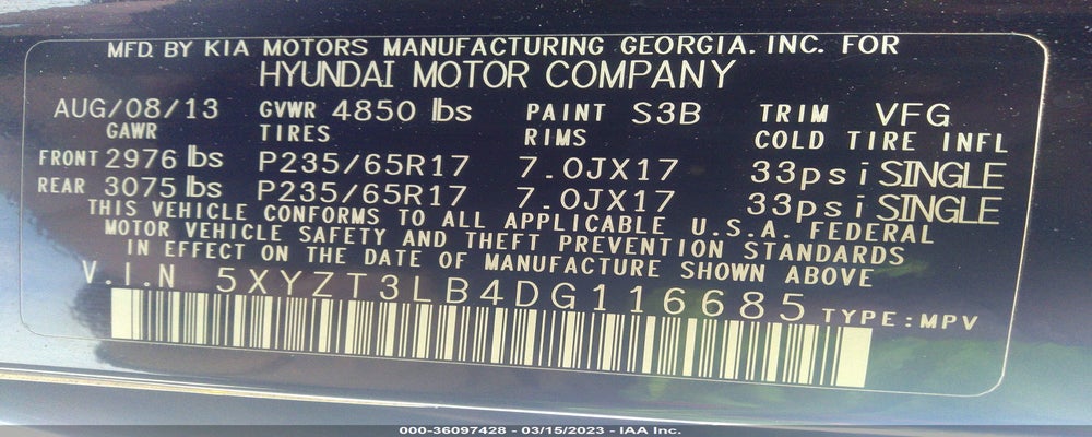 5XYZT3LB4DG116685 2013 HYUNDAI SANTA FE photo no. 9