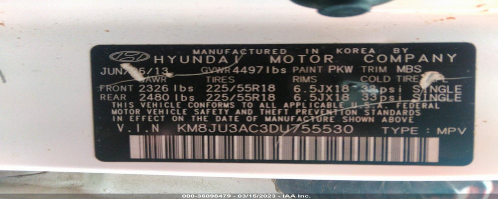 KM8JU3AC3DU755530 2013 HYUNDAI TUCSON photo no. 9