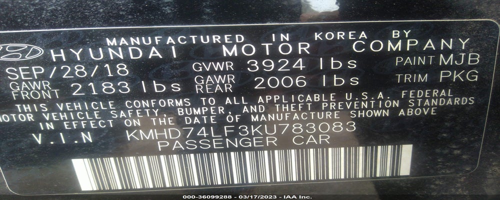 KMHD74LF3KU783083 2019 HYUNDAI ELANTRA photo no. 9