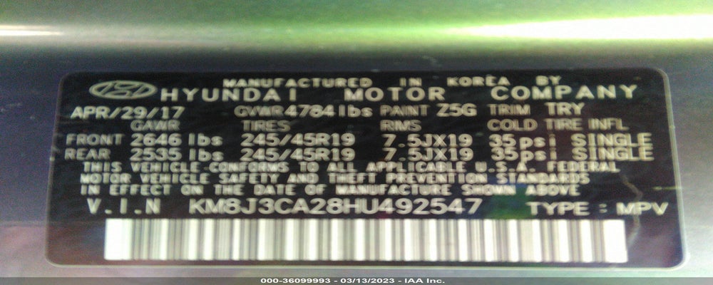 KM8J3CA28HU492547 2017 HYUNDAI TUCSON photo no. 9