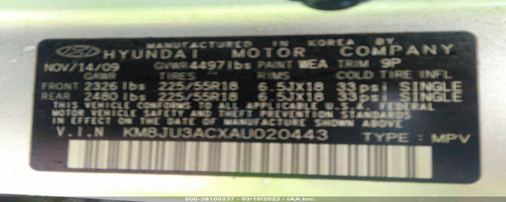 KM8JU3ACXAU020443 2010 HYUNDAI TUCSON photo no. 9