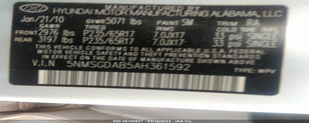 5NMSGDAB5AH361592 2010 HYUNDAI SANTA FE photo no. 9