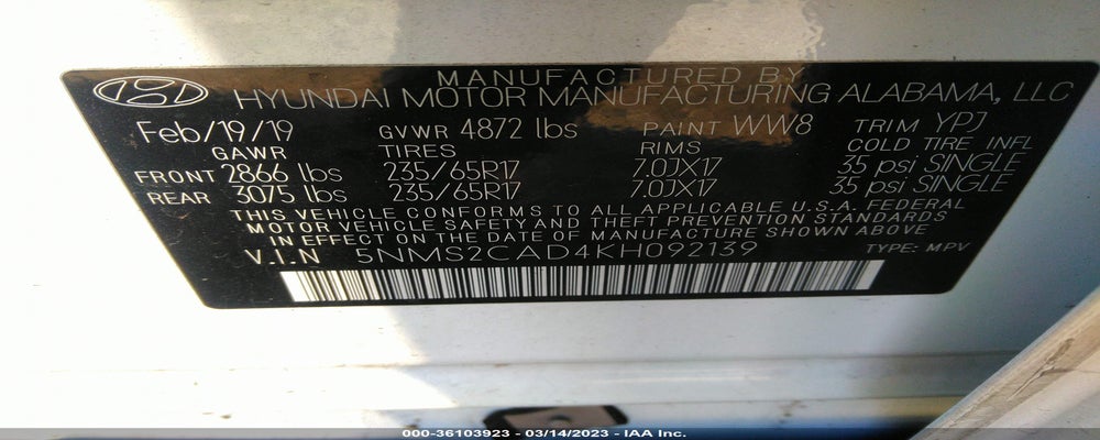 5NMS2CAD4KH092139 2019 HYUNDAI SANTA FE photo no. 9