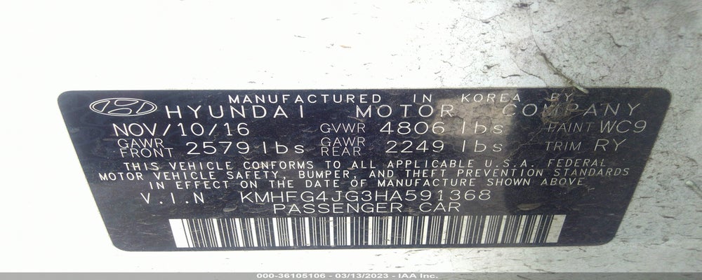 KMHFG4JG3HA591368 2017 HYUNDAI AZERA photo no. 9