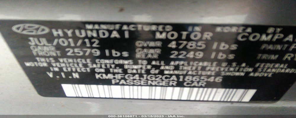 KMHFG4JG2CA186546 2012 HYUNDAI AZERA photo no. 9