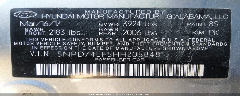 5NPD74LF5HH205848 2017 HYUNDAI ELANTRA photo no. 9