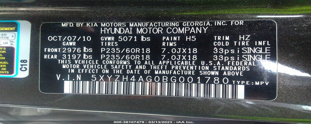 5XYZH4AG0BG001780 2011 HYUNDAI SANTA FE photo no. 9