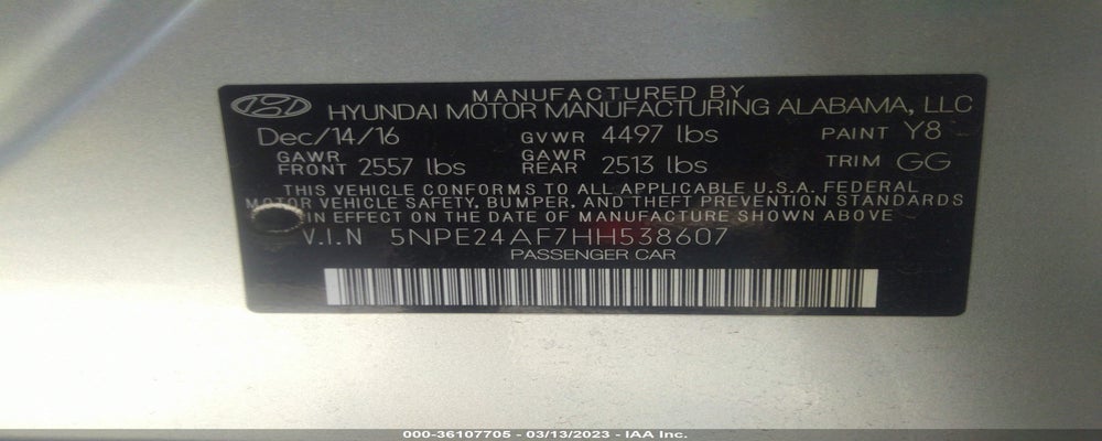 5NPE24AF7HH538607 2017 HYUNDAI SONATA photo no. 9