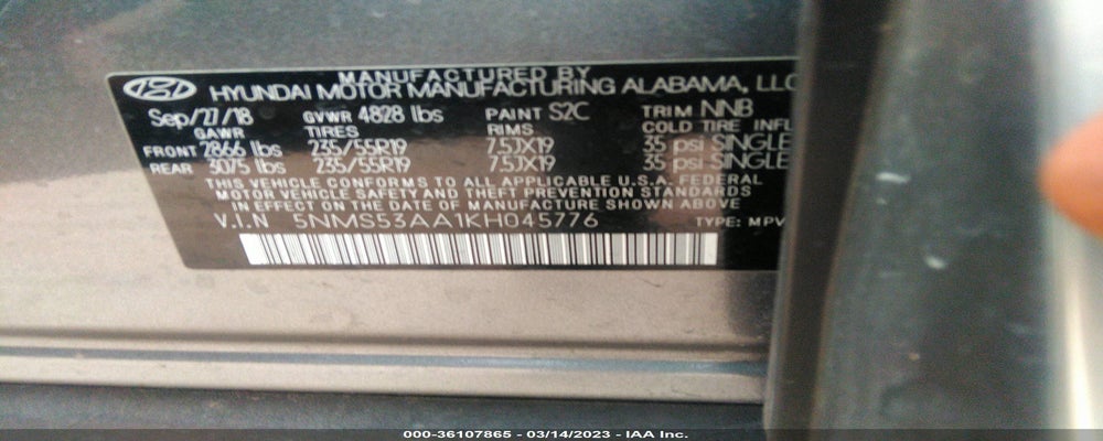5NMS53AA1KH045776 2019 HYUNDAI SANTA FE photo no. 9