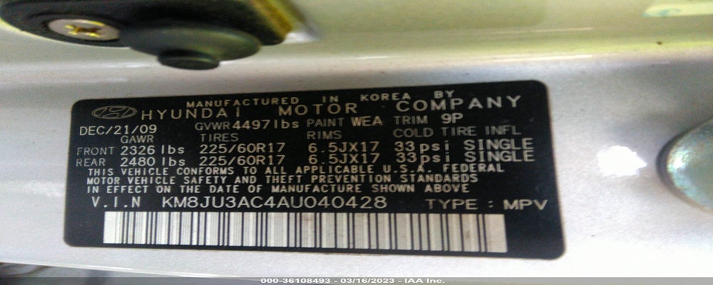 KM8JU3AC4AU040428 2010 HYUNDAI TUCSON photo no. 9