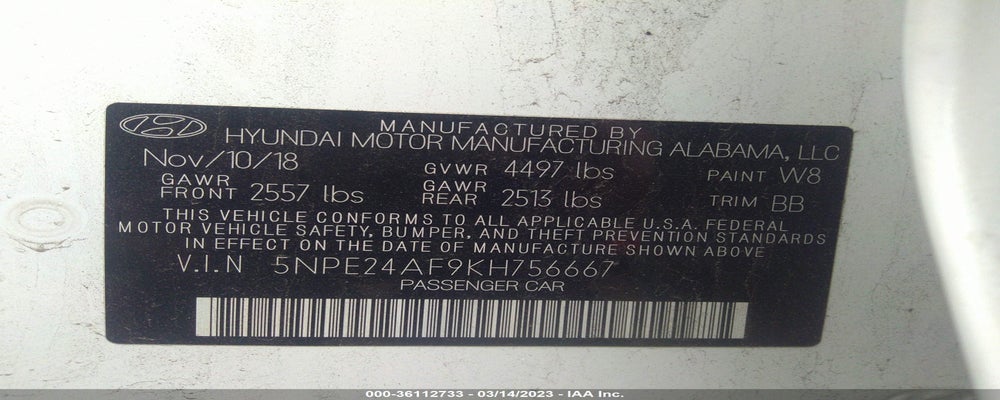 5NPE24AF9KH756667 2019 HYUNDAI SONATA photo no. 9