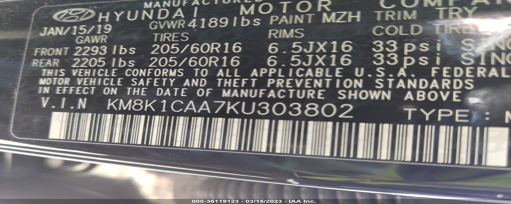 KM8K1CAA7KU303802 2019 HYUNDAI KONA photo no. 9