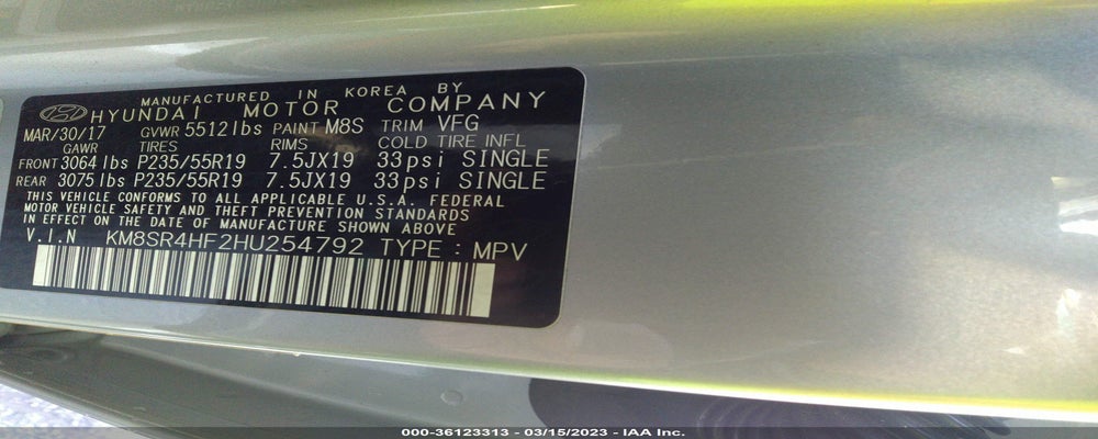 KM8SR4HF2HU254792 2017 HYUNDAI SANTA FE photo no. 9