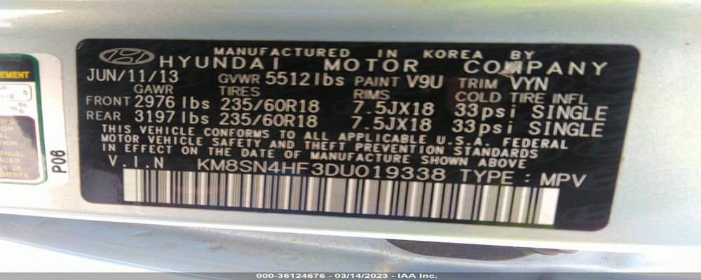 KM8SN4HF3DU019338 2013 HYUNDAI SANTA FE photo no. 9