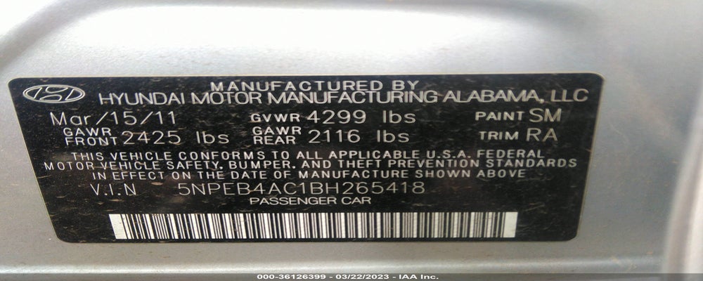 5NPEB4AC1BH265418 2011 HYUNDAI SONATA photo no. 9