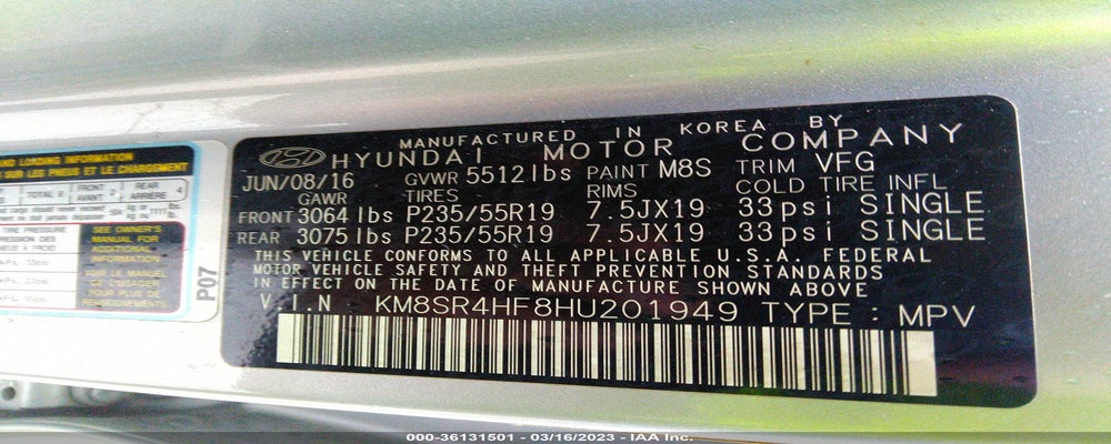 KM8SR4HF8HU201949 2017 HYUNDAI SANTA FE photo no. 9