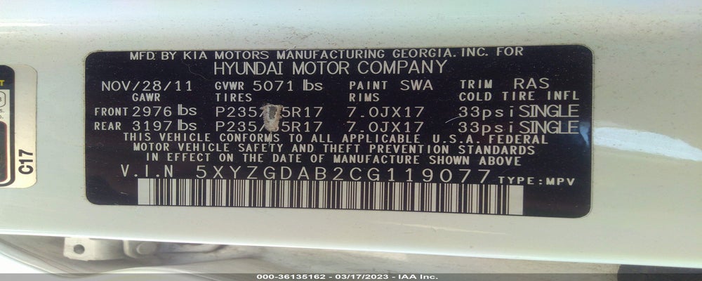 5XYZGDAB2CG119077 2012 HYUNDAI SANTA FE photo no. 9