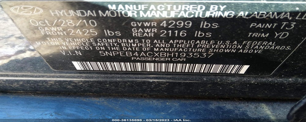 5NPEB4ACXBH193537 2011 HYUNDAI SONATA photo no. 9