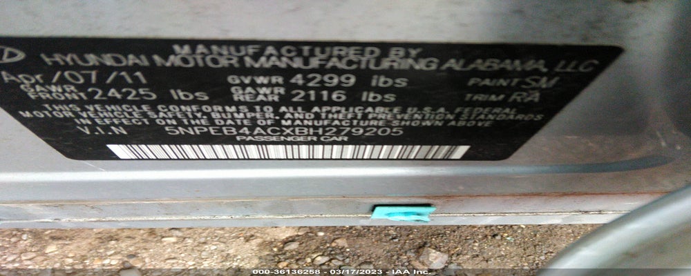 5NPEB4ACXBH279205 2011 HYUNDAI SONATA photo no. 9