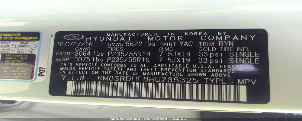 KM8SRDHF8HU235325 2017 HYUNDAI SANTA FE photo no. 9