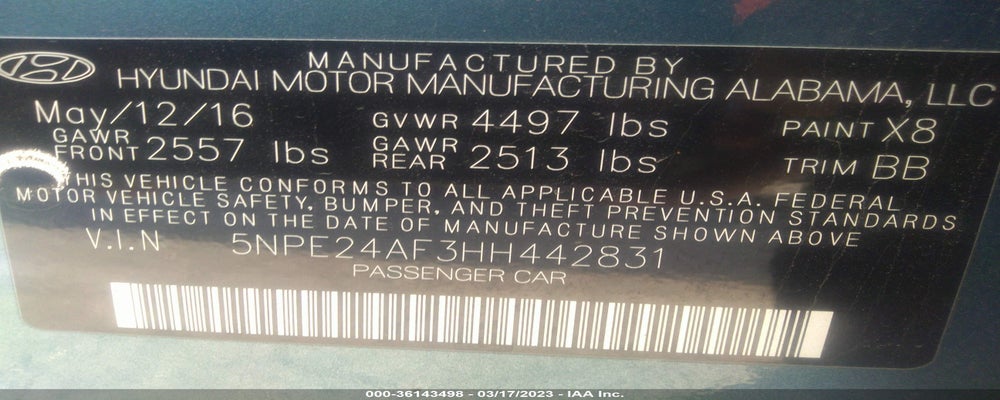 5NPE24AF3HH442831 2017 HYUNDAI SONATA photo no. 9